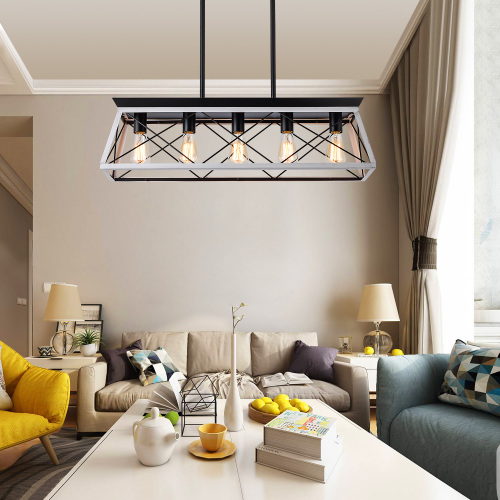 Farmhouse 5-Light Chandelier - White and Black Iron and Wood