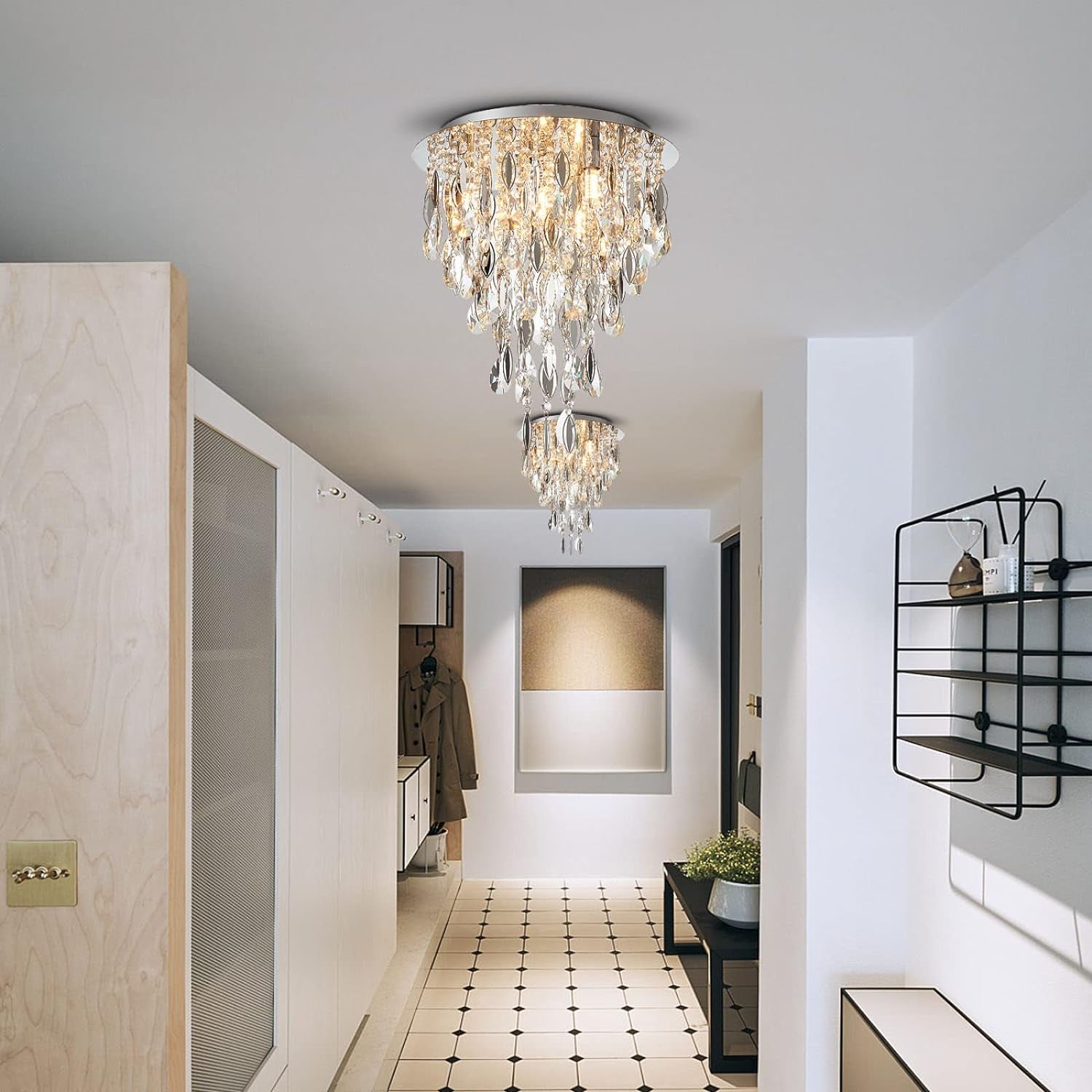 Luxury Modern Crystal Chandelier Ceiling Flush Mount Light Fixture for Bedroom Living Room Kitchen Corridor Stairwell Aisle Hallway, ￠35Cm X H38Cm, Chrome, 4-Lights, G9 Holder