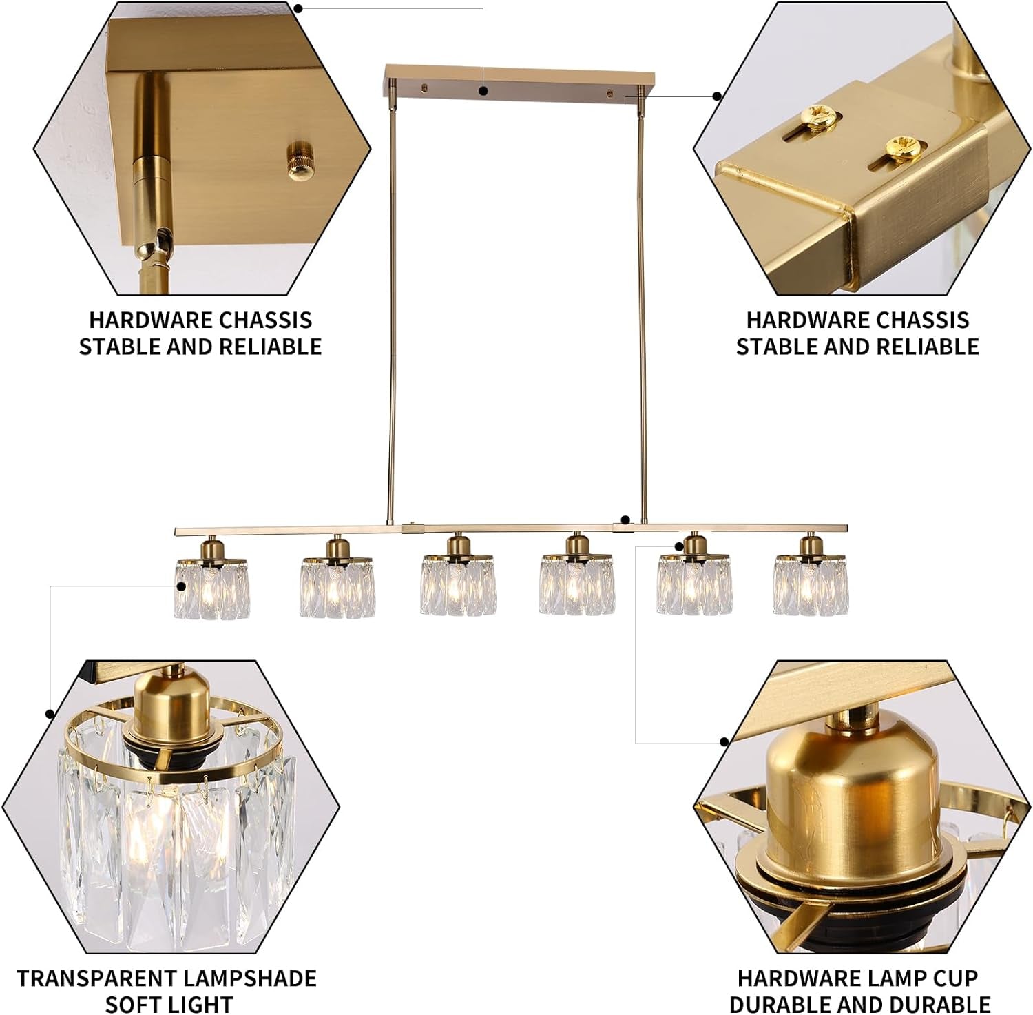 6 Lights Pendant Light 48" Crystal Chandeliers Brass Adjustable Modern Chandelier Linear Ceiling Pendant Lights for Kitchen Island Dining Room, E27 Bulb