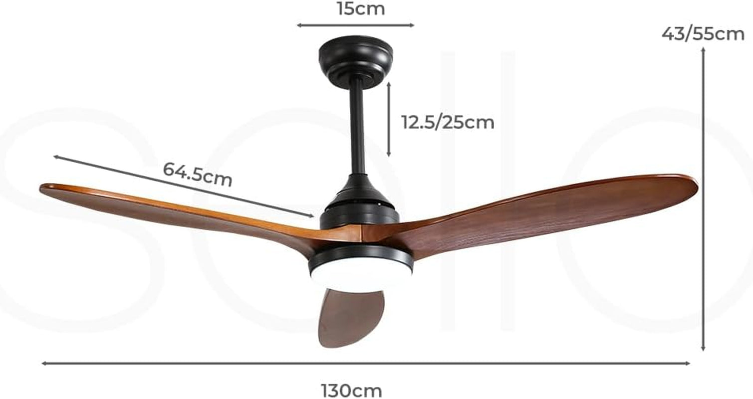52'' Ceiling Fan DC Motor LED Light Remote Control 1300Mm 5 Speed Walnut Wood Blade Reversible Airflow for Summer Winter 3 Lighting Mode Brown