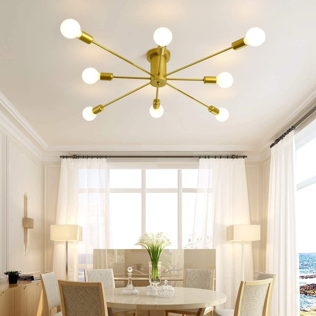 8-Light Sputnik Ceiling Light Modern Semi Flush Mount Ceiling Light Mid Century Gold Chandelier Pendant Lighting for Kitchen Dining Room Bedroom