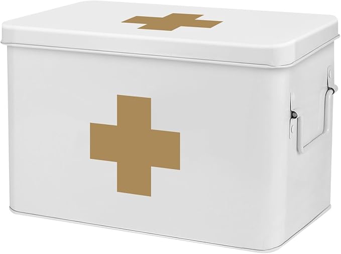First Aid Medicine Box Supplies Kit Organizer - 13" Blue Metal Tin Medic Storage Bin Hard Case with Removable Tray White Cross, Vintage Antique Empty Boxes for Home Family Emergency Tool Set