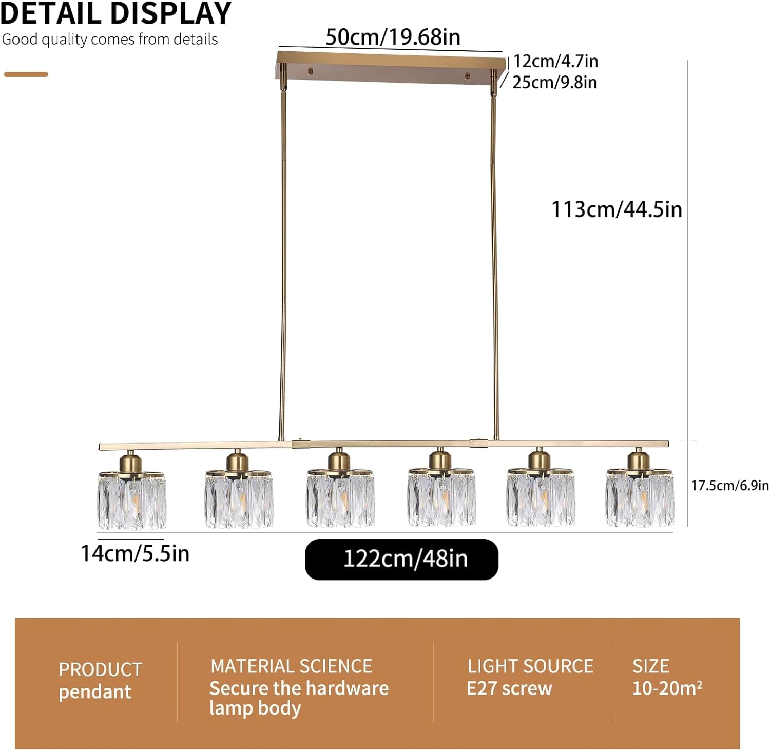 6 Lights Pendant Light 48" Crystal Chandeliers Brass Adjustable Modern Chandelier Linear Ceiling Pendant Lights for Kitchen Island Dining Room, E27 Bulb