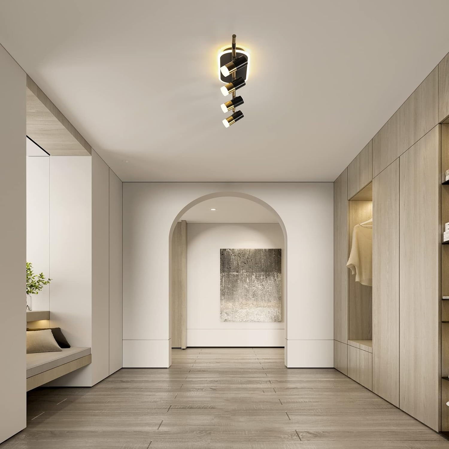 4-Light Track Lighting Ceiling Light with Rotatable Light Head, 41W Modern LED Chandelier Indoor Adjustable Spotlight Fixtures for Living Room Hallway Studio Kitchen Island (Black Gold)