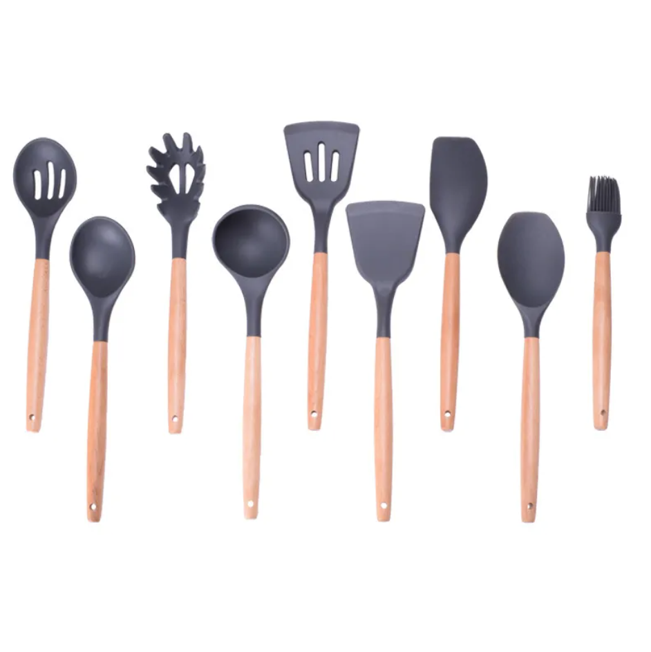 11-Piece Silicone Kitchen Utensil Set with Wooden Handles