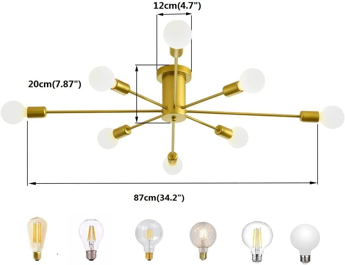 8-Light Sputnik Ceiling Light Modern Semi Flush Mount Ceiling Light Mid Century Gold Chandelier Pendant Lighting for Kitchen Dining Room Bedroom
