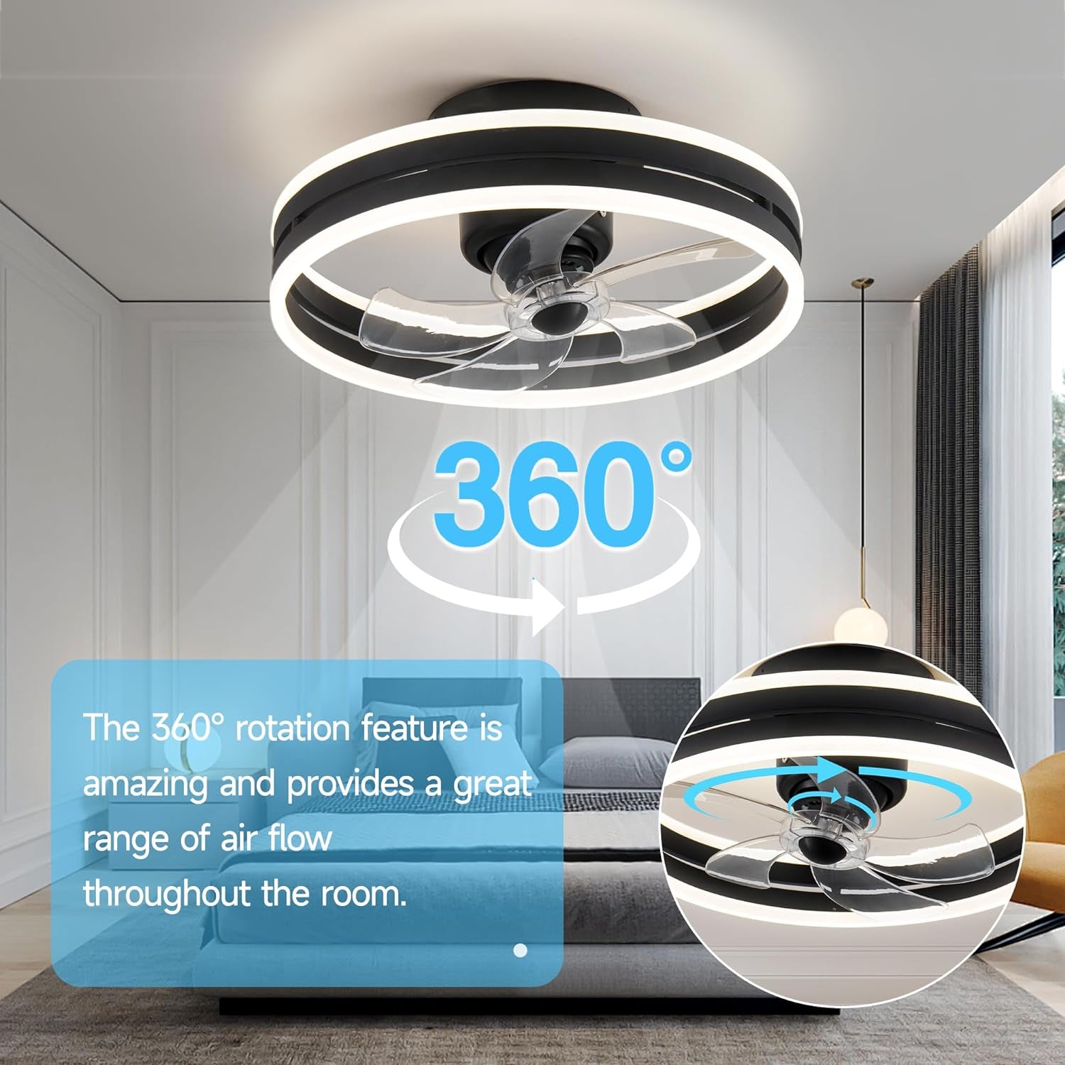 360° Oscillating Ceiling Fans with Light and Remote, Air Circulator Ceiling Fans with 6 Speed Reversible Blades for Bedroom,Smart Ceiling Fan with Alexa/Google Assistant/App/Remotes