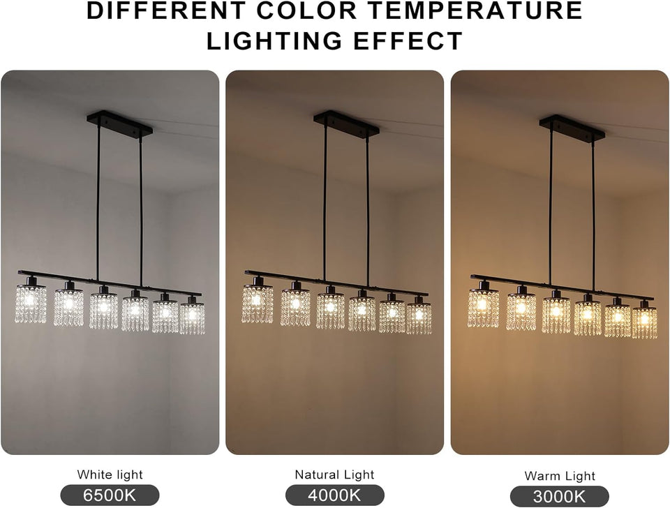 6-Light Farmhouse Kitchen Island Lighting, 48In Crystal Pendant Light Fixture, Vintage Black Linear Chandelier with Crystal Shade for Dining Room Living Room (E27 Bulbs, Not Included)
