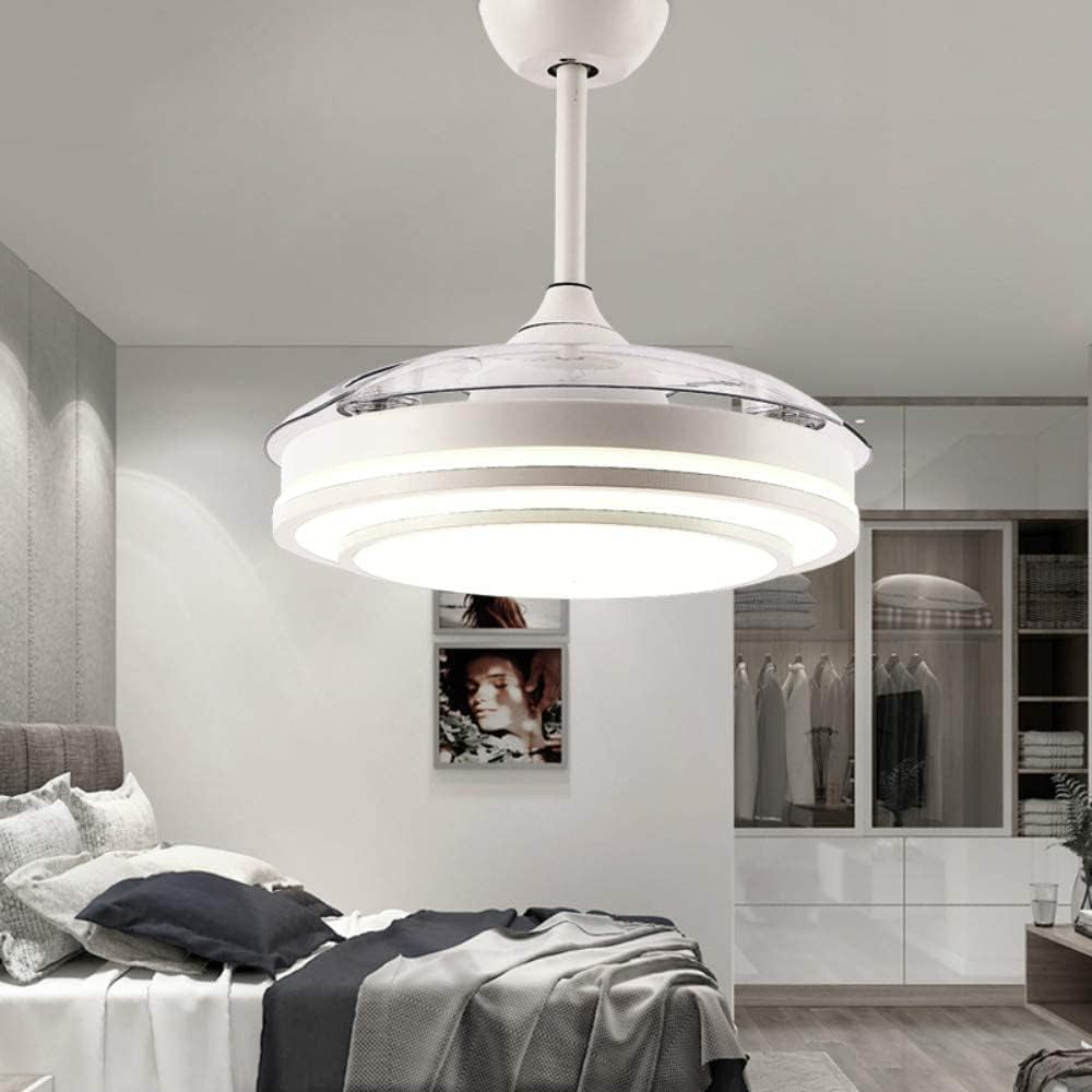 Reversible Retractable Ceiling Fans with LED Light and Remote Control, 42 Inch Invisible Ceiling Fan Chandelier with 4 Clear ABS Blades, Bedroom Fandelier Indoor Ceiling Light Kits with Fans (White)