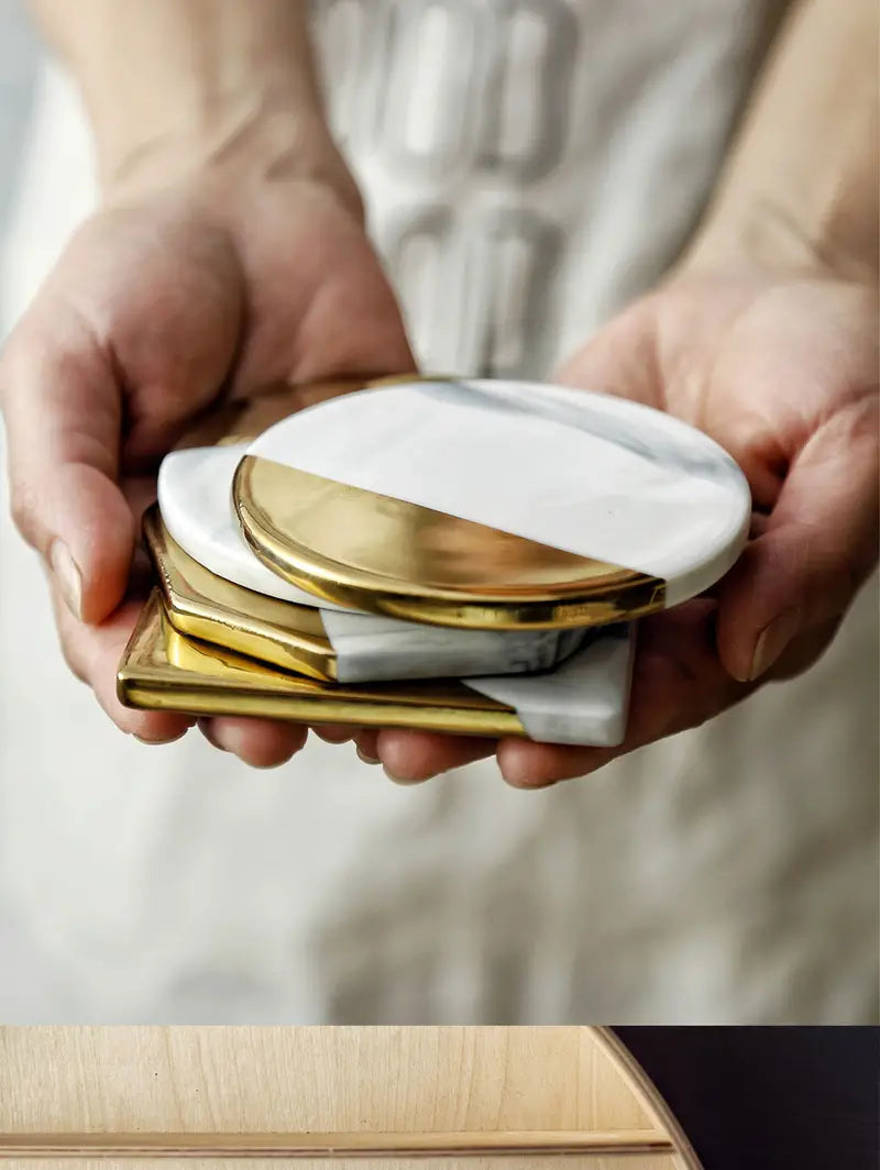 Marble Coaster Set with Gold Geometric Design