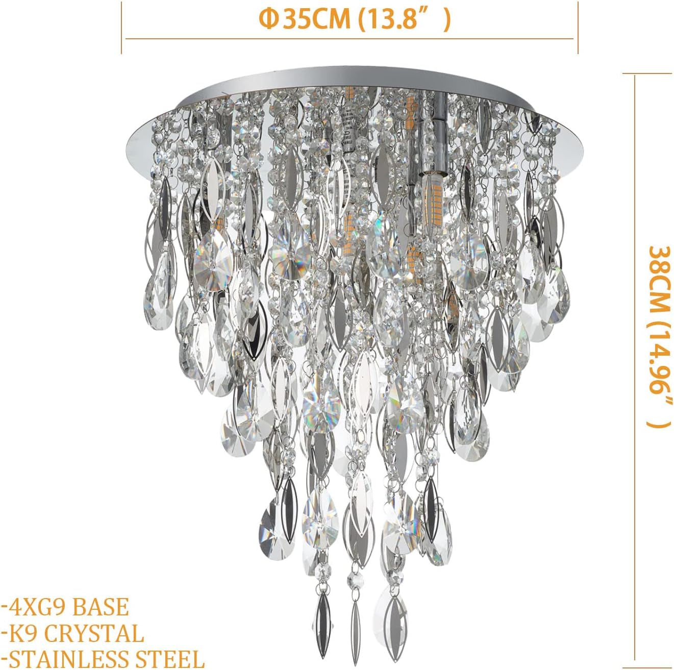 Luxury Modern Crystal Chandelier Ceiling Flush Mount Light Fixture for Bedroom Living Room Kitchen Corridor Stairwell Aisle Hallway, ￠35Cm X H38Cm, Chrome, 4-Lights, G9 Holder