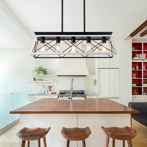 Farmhouse 5-Light Chandelier - White and Black Iron and Wood