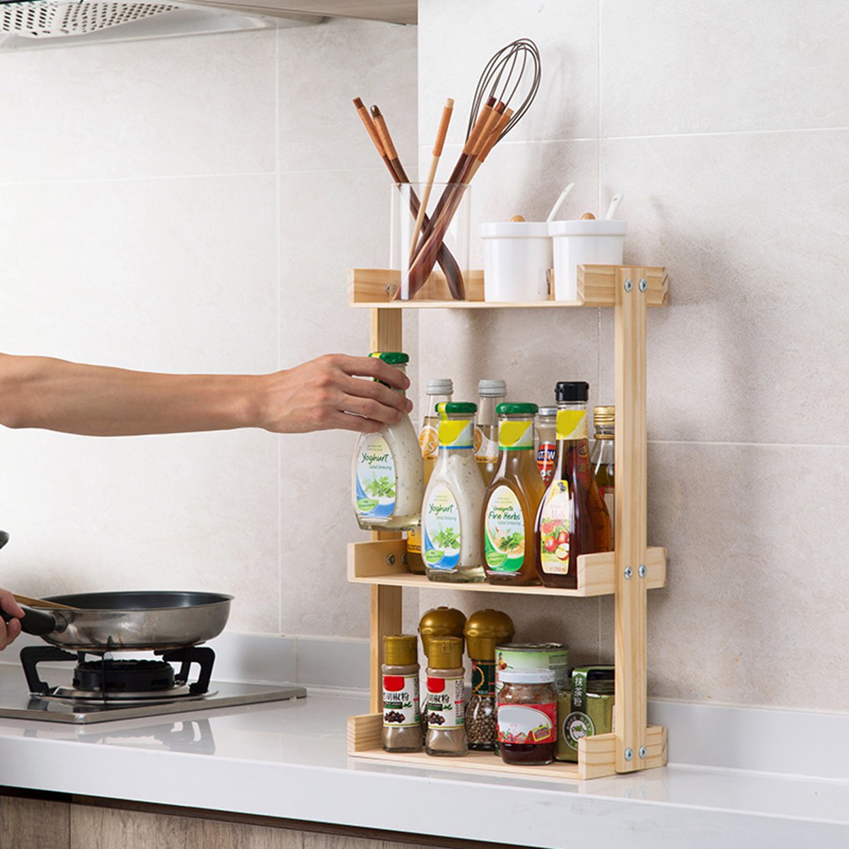 Pine Multi-Layer Simple Spice Rack for Kitchen Storage