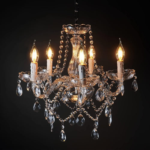 Vintage Crystal Glass Chandelier 5 Lights Candle Farmhouse Pendant Light Ceiling Light Fixture Luxury Semi Flush Mount Chandelier for Dining Room Living Hallway Kitchen Bedroom Bulbs Included