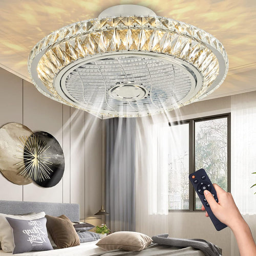 50Cm Crystal Enclosed Ceiling Fan with Lights,Flush Mount Smart Timing Bladeless Ceiling Fan,Dimming Modern Low Profile Ceiling Fans with Remote 3 Colors 3 Speeds,For Bedroom Kitchen.