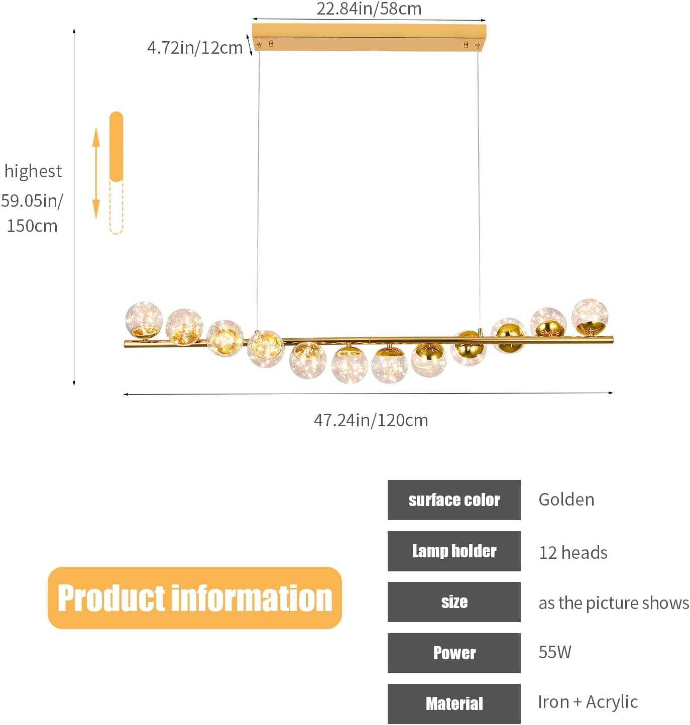 Modern Sputnik Chandelier 12 Lights LED Clear Glass Globe Pendant Light Dimmable LED Chandeliers Ceiling Light Gold Brass Chandeliers for Kitchen Island Dining Room Living Room