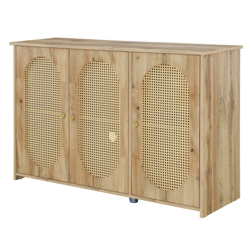 Vintage 3-Door Rattan Sideboard - Natural Wood Look Storage Cabinet