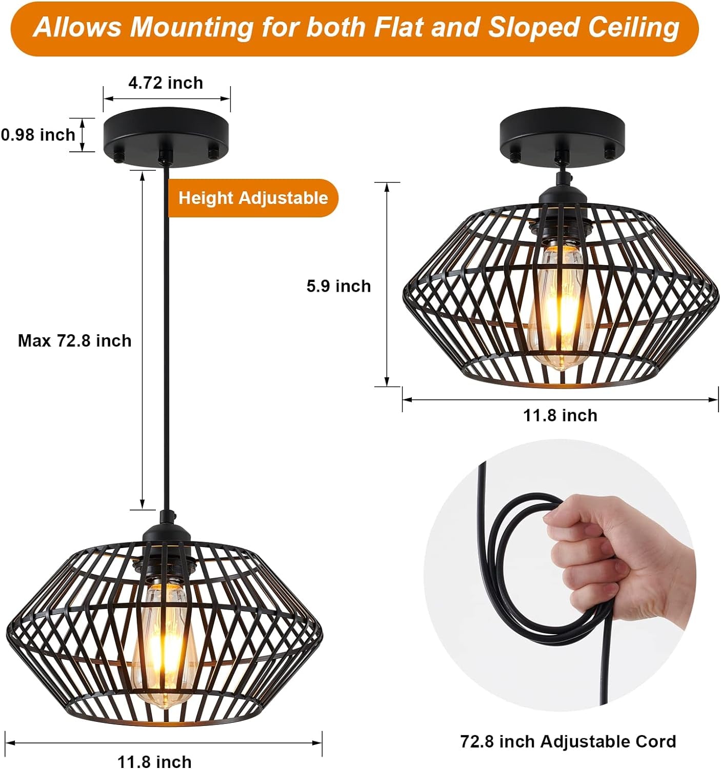 Modern Black Pendant Light, Industrial Pendant Light Fixture, Adjustable Metal Hanging Pendant Lights, Farmhouse Pendant Lighting for Kitchen Island, Hallway