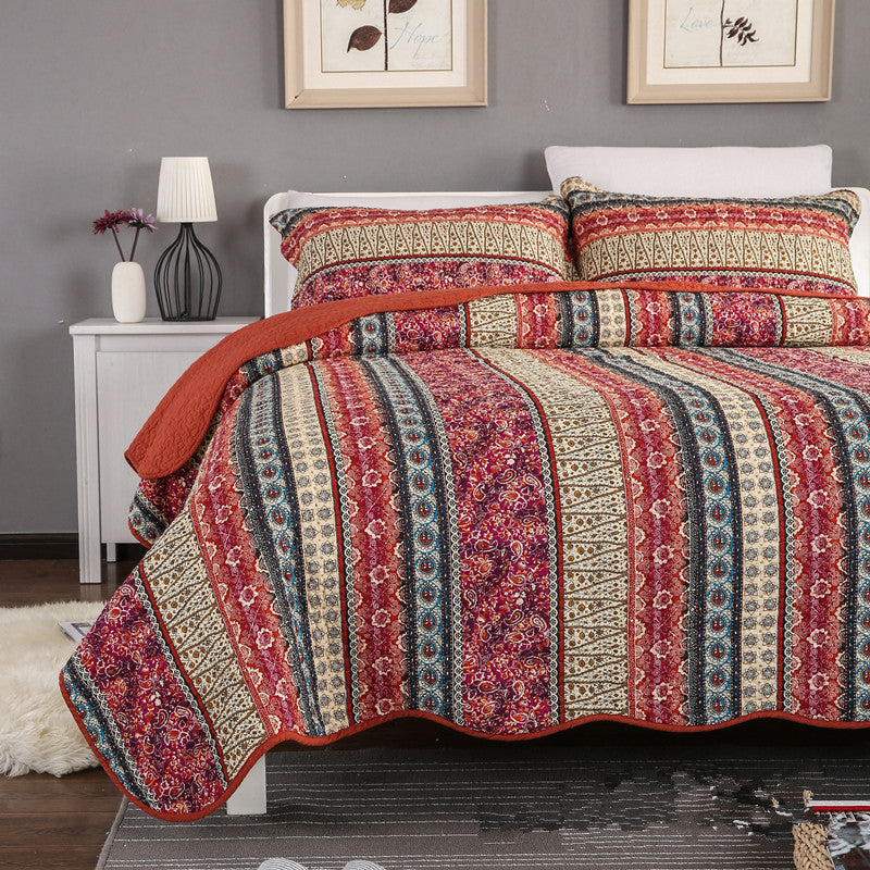 Red Cotton Linen Style Quilt Set with Bed Cover (3 Pieces)