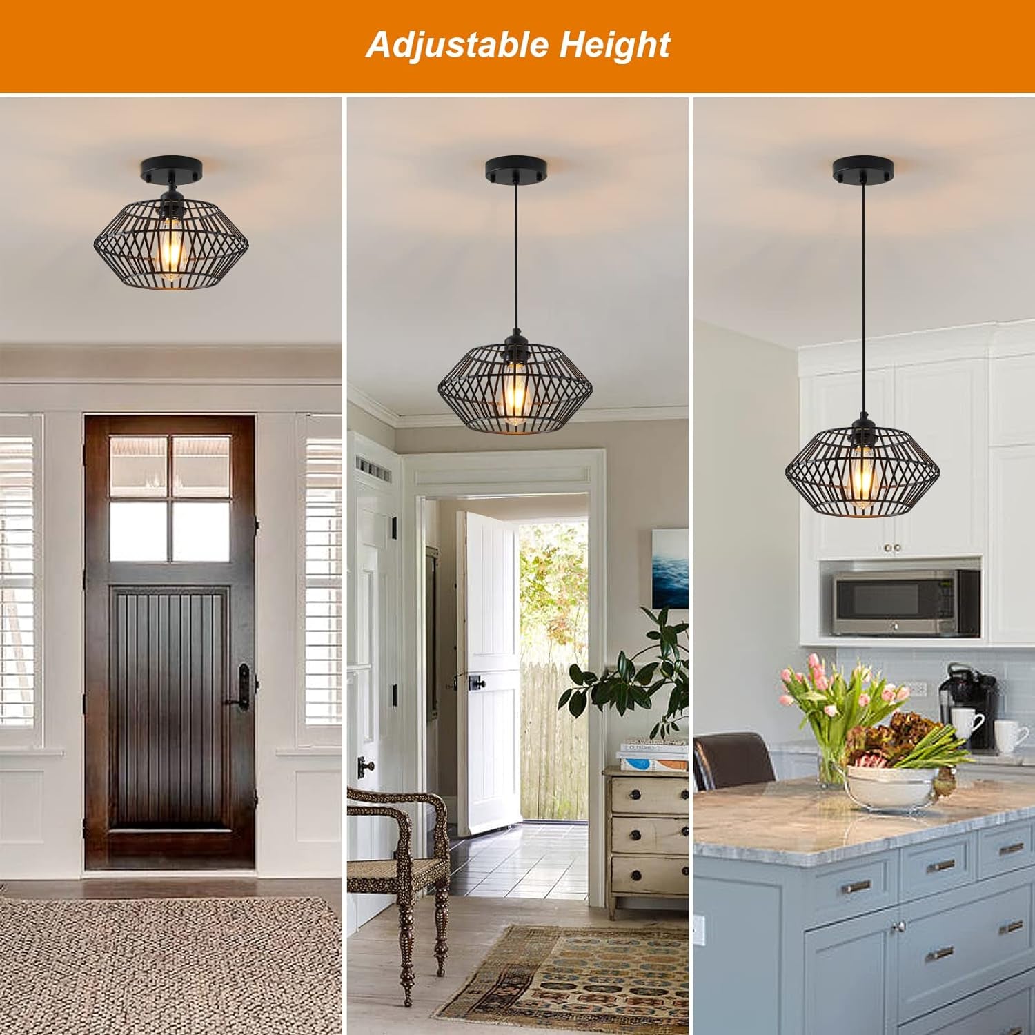 Modern Black Pendant Light, Industrial Pendant Light Fixture, Adjustable Metal Hanging Pendant Lights, Farmhouse Pendant Lighting for Kitchen Island, Hallway