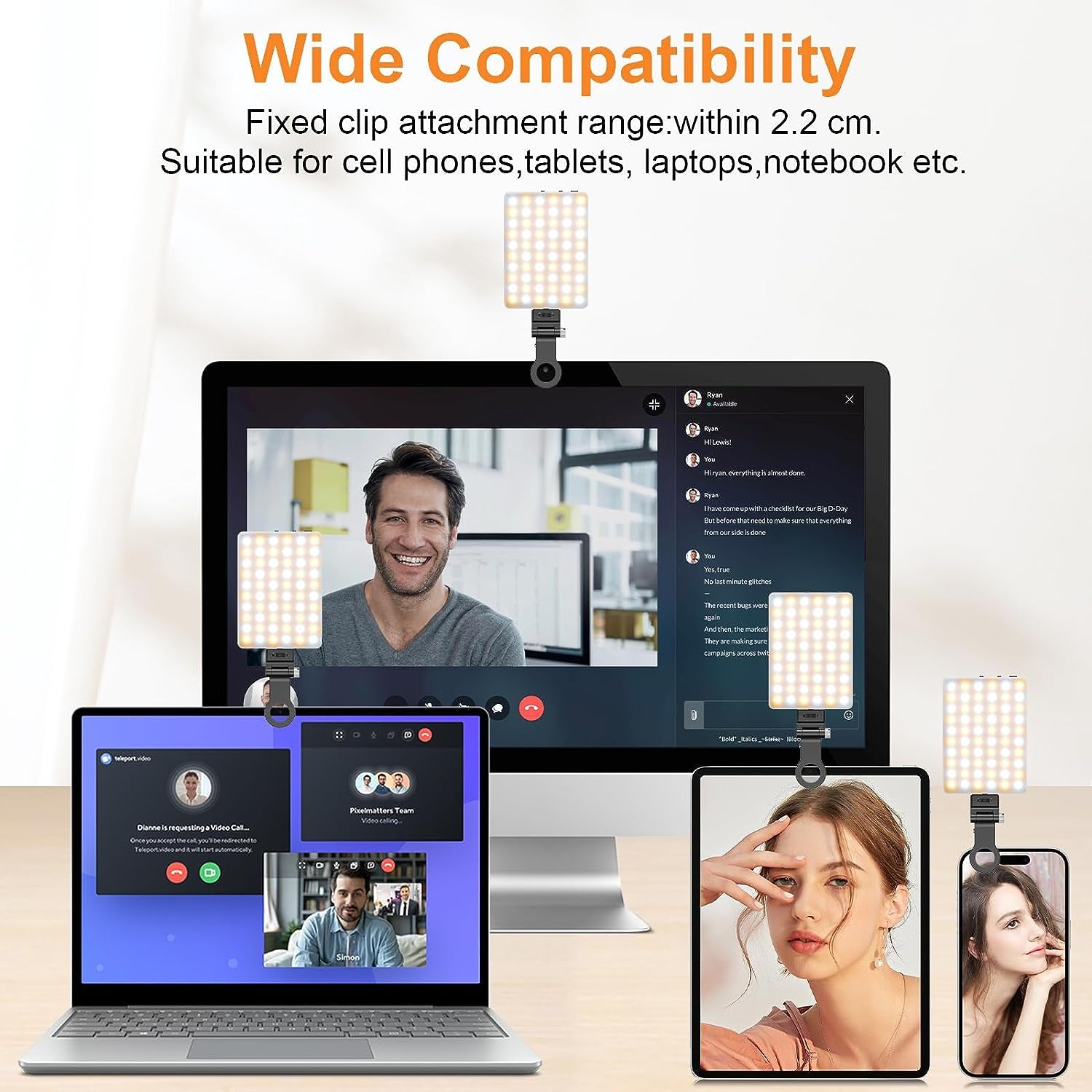 Portable Selfie Light,Rechargable 60 LED Phone Light with Clip & Double 1/4" Screw Hole,2500K-9000K Dimmable Light for Iphone,Android,Laptop,Tablet,Selfie/Video Conference (Black, 60 LED)