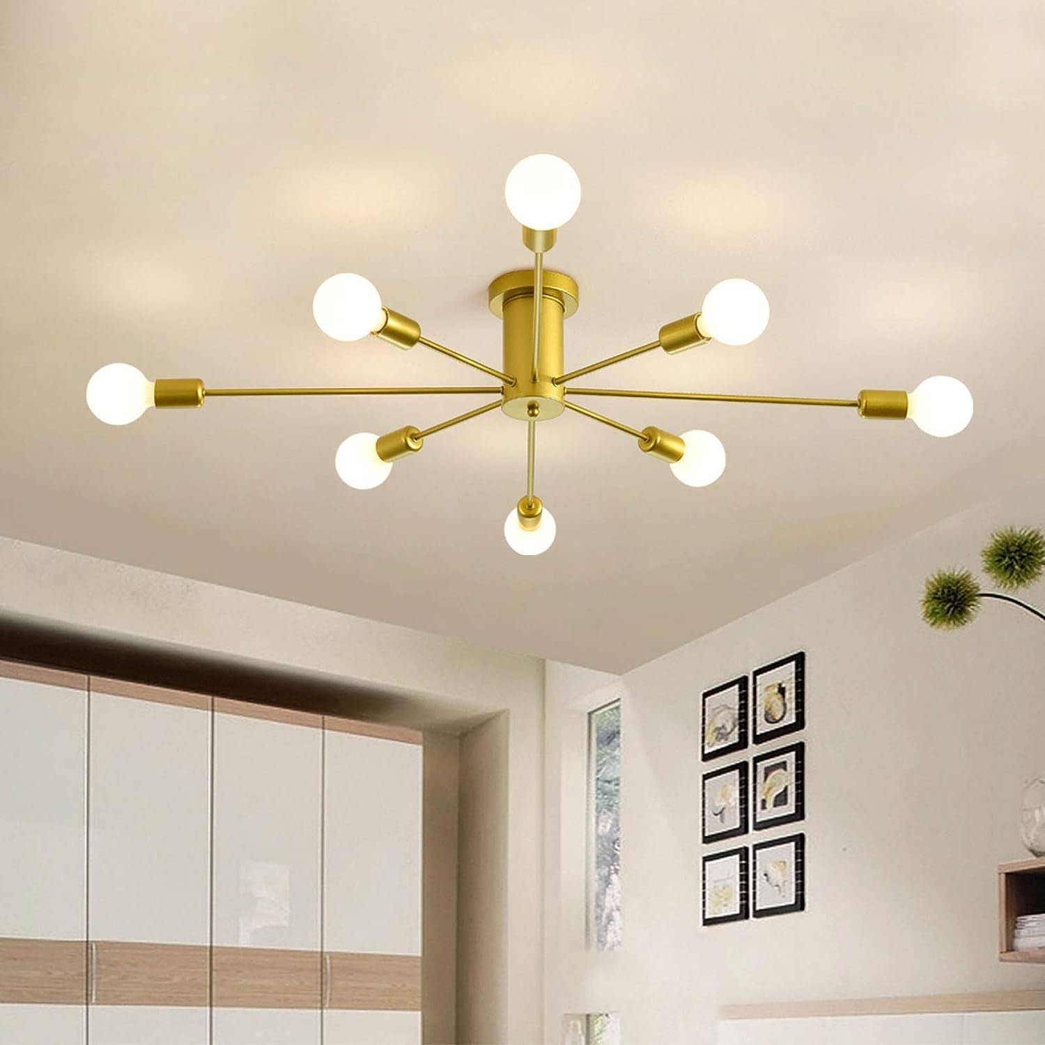 8-Light Sputnik Ceiling Light Modern Semi Flush Mount Ceiling Light Mid Century Gold Chandelier Pendant Lighting for Kitchen Dining Room Bedroom