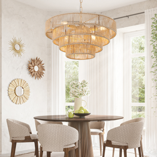 Bohemian Woven Rattan Chandelier - Four-Tier Natural Rattan Pendant Light