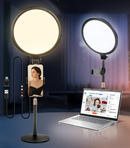 Desktop Ring Light for Computer, 26Cm Full Screen Zoom Lighting for Video Conference/Record, Dimmable Selfie Ring Light with Stand & Phone Holder, for Laptop/Youtube/Tiktok/Live-Stream/Makeup