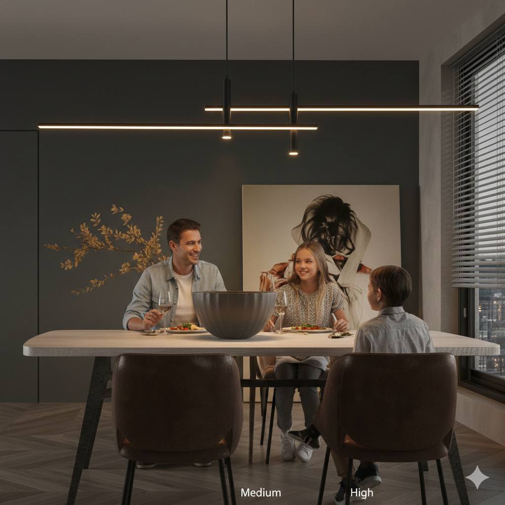 Modern Dimmable LED Pendant Lighting for Kitchen Island - Linear LED Chandelier with Spotlights, Adjustable Hanging Light for Dining Table, Energy Class A, Iok34-003