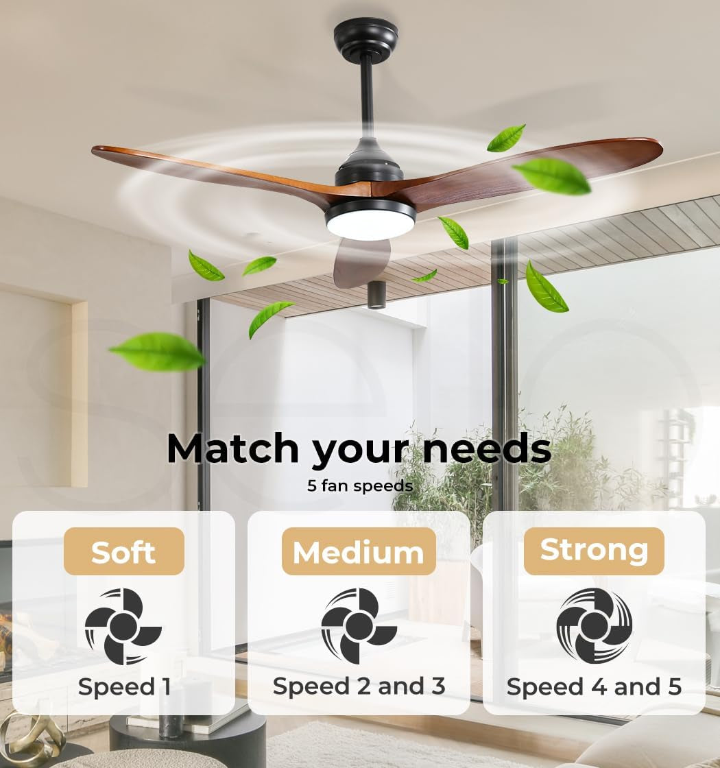 52'' Ceiling Fan DC Motor LED Light Remote Control 1300Mm 5 Speed Walnut Wood Blade Reversible Airflow for Summer Winter 3 Lighting Mode Brown