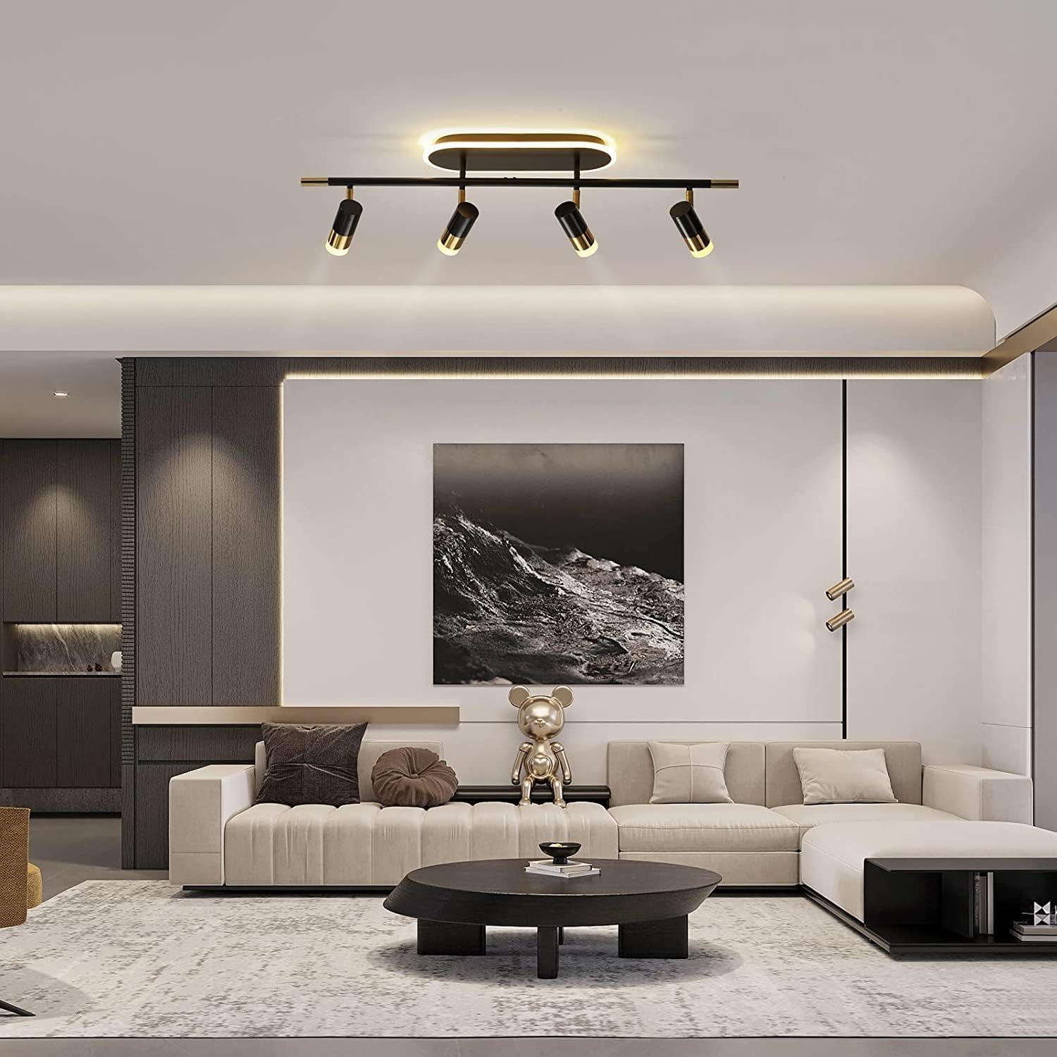 4-Light Track Lighting Ceiling Light with Rotatable Light Head, 41W Modern LED Chandelier Indoor Adjustable Spotlight Fixtures for Living Room Hallway Studio Kitchen Island (Black Gold)