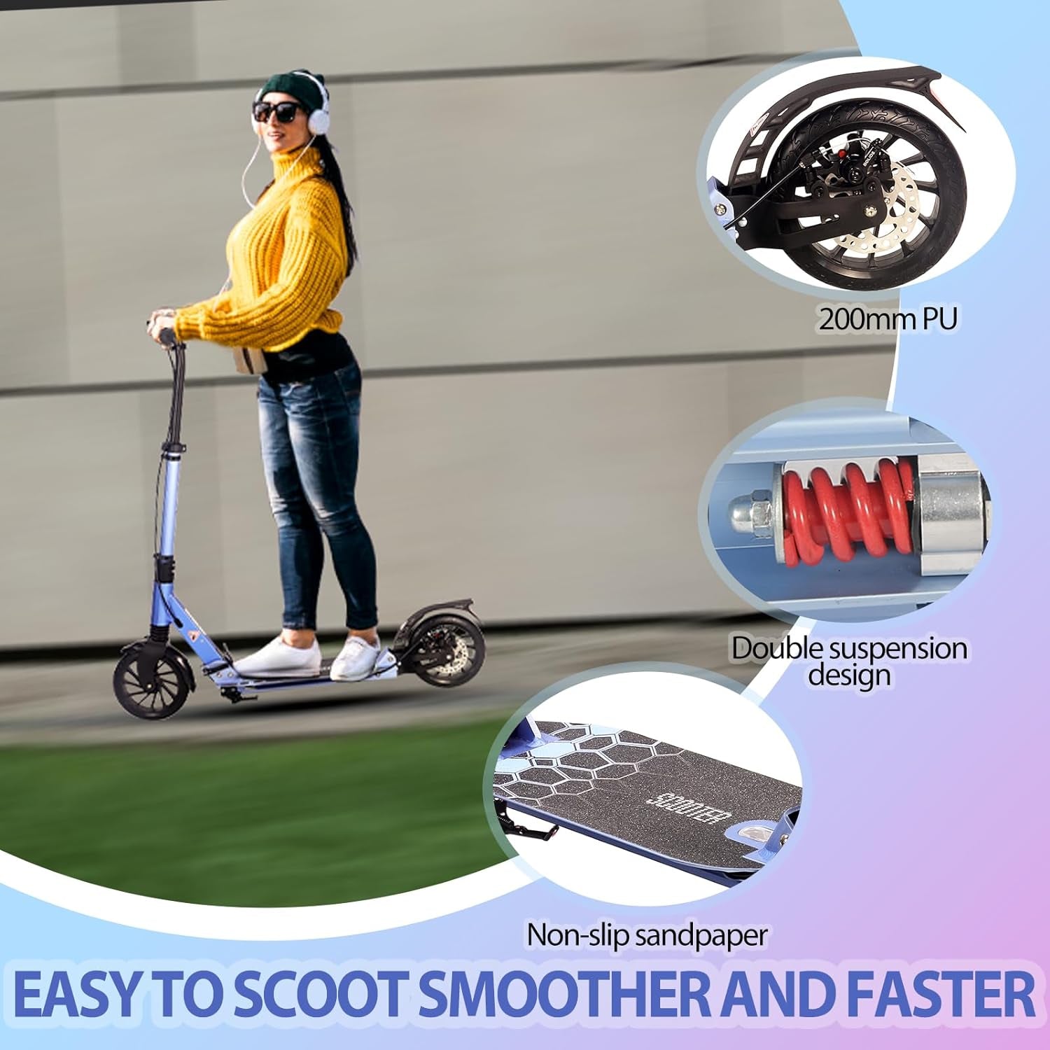 Adult Push Kick Foldable Scooter Big Large Wheels Hand Brake Sensitive Commuter Disc Scooter