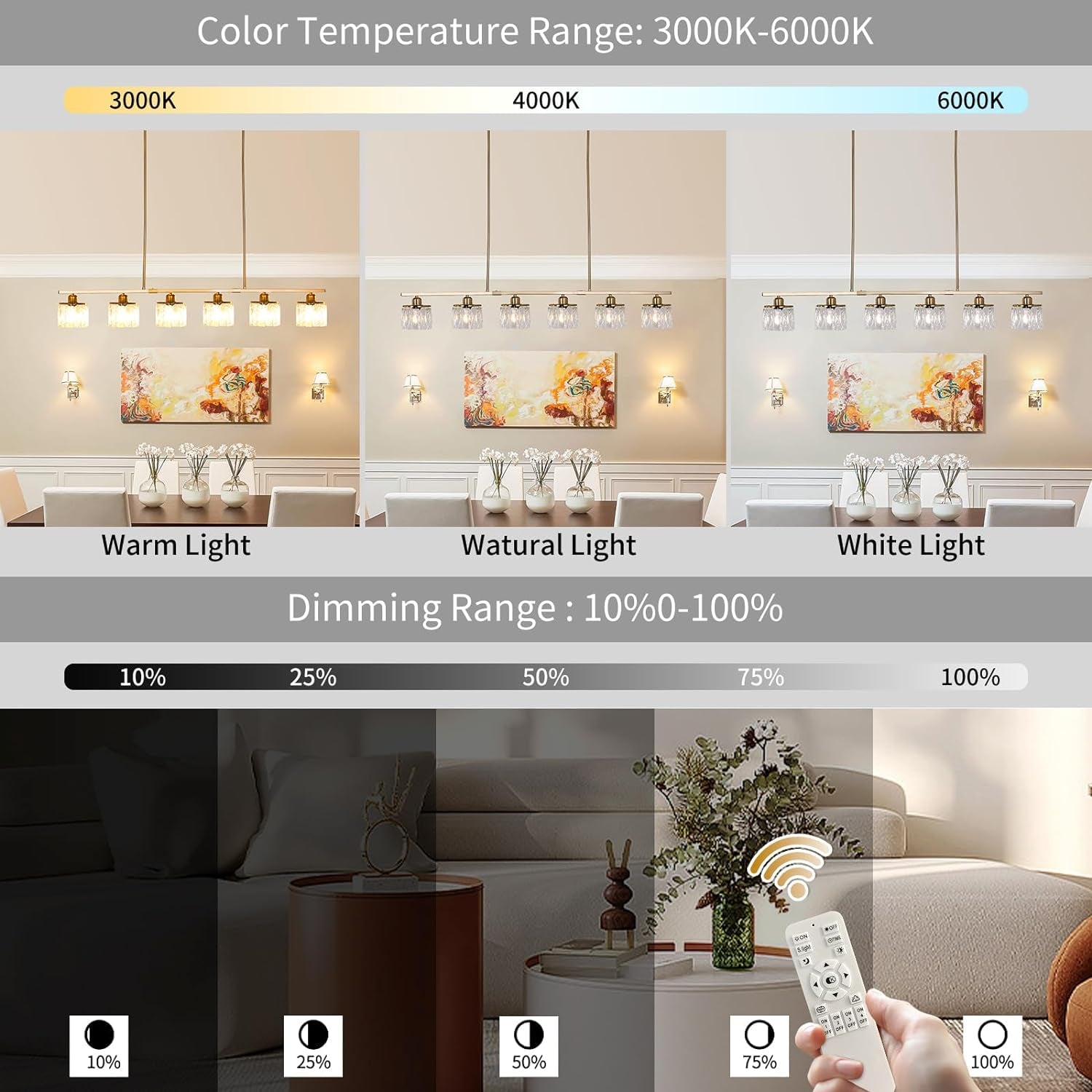 6 Lights Pendant Light 48" Crystal Chandeliers Brass Adjustable Modern Chandelier Linear Ceiling Pendant Lights for Kitchen Island Dining Room, E27 Bulb