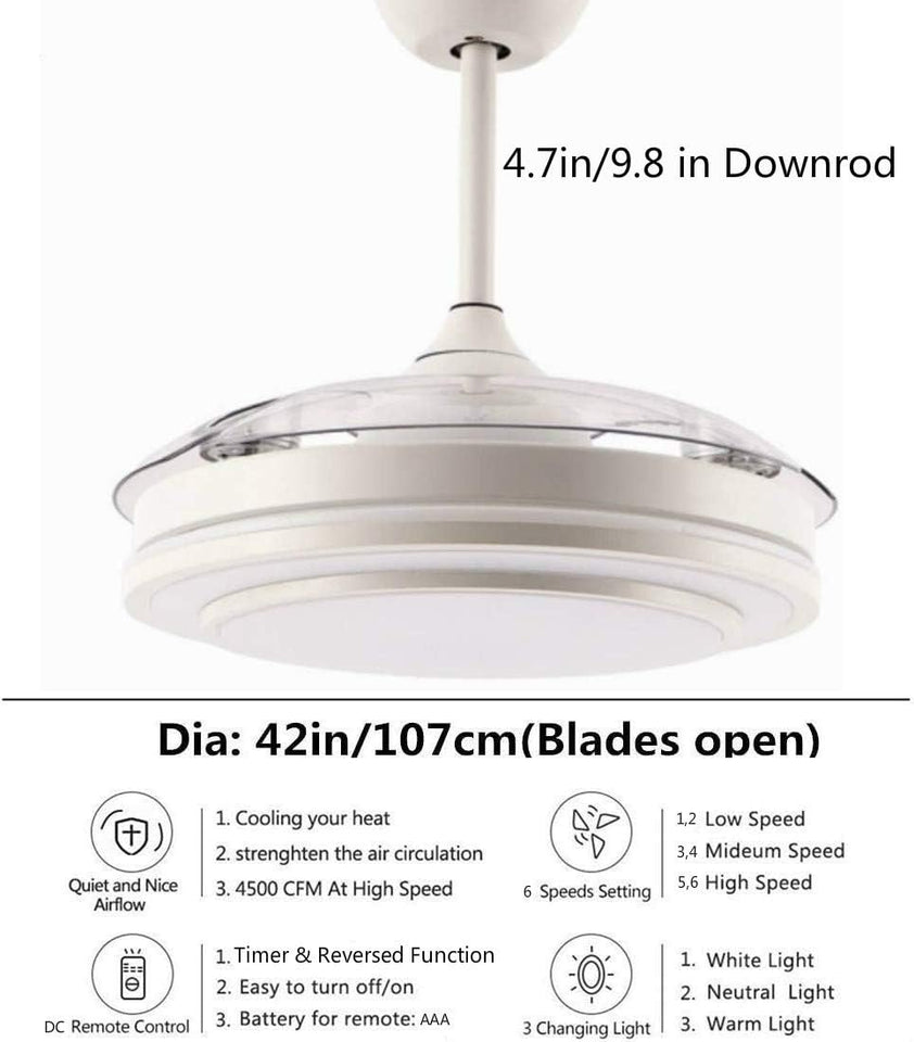 Reversible Retractable Ceiling Fans with LED Light and Remote Control, 42 Inch Invisible Ceiling Fan Chandelier with 4 Clear ABS Blades, Bedroom Fandelier Indoor Ceiling Light Kits with Fans (White)