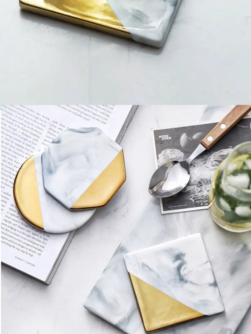 Marble Coaster Set with Gold Geometric Design