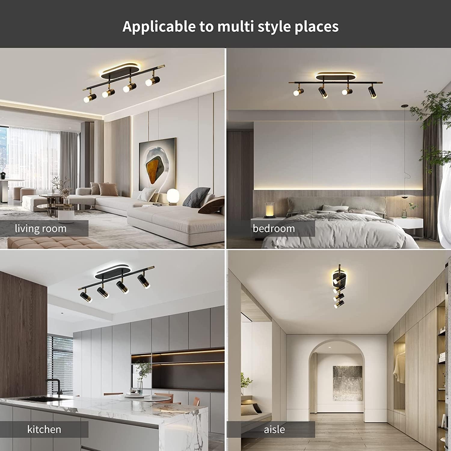 4-Light Track Lighting Ceiling Light with Rotatable Light Head, 41W Modern LED Chandelier Indoor Adjustable Spotlight Fixtures for Living Room Hallway Studio Kitchen Island (Black Gold)