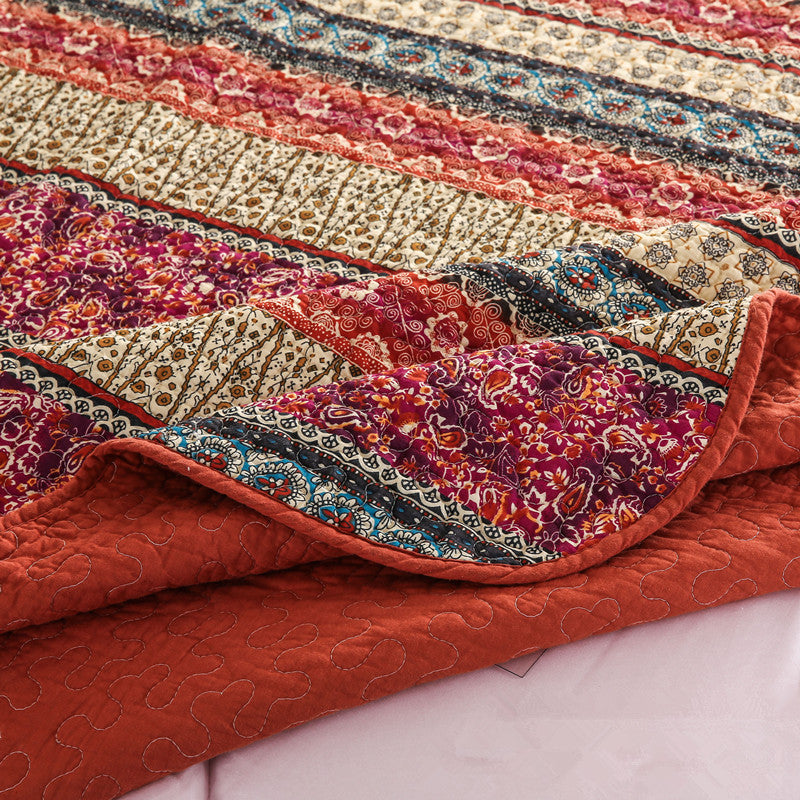 Red Cotton Linen Style Quilt Set with Bed Cover (3 Pieces)