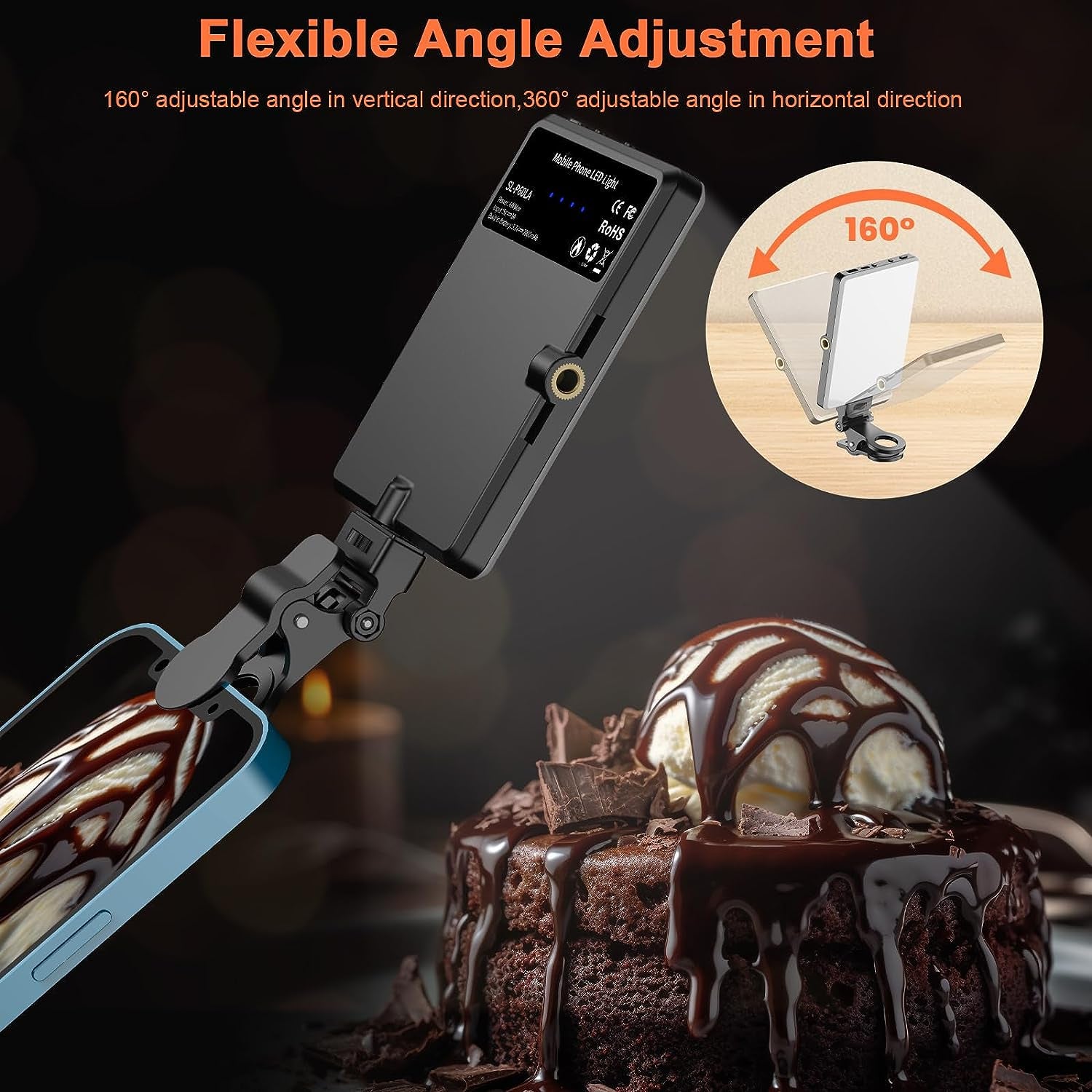 Portable Selfie Light,Rechargable 60 LED Phone Light with Clip & Double 1/4" Screw Hole,2500K-9000K Dimmable Light for Iphone,Android,Laptop,Tablet,Selfie/Video Conference (Black, 60 LED)