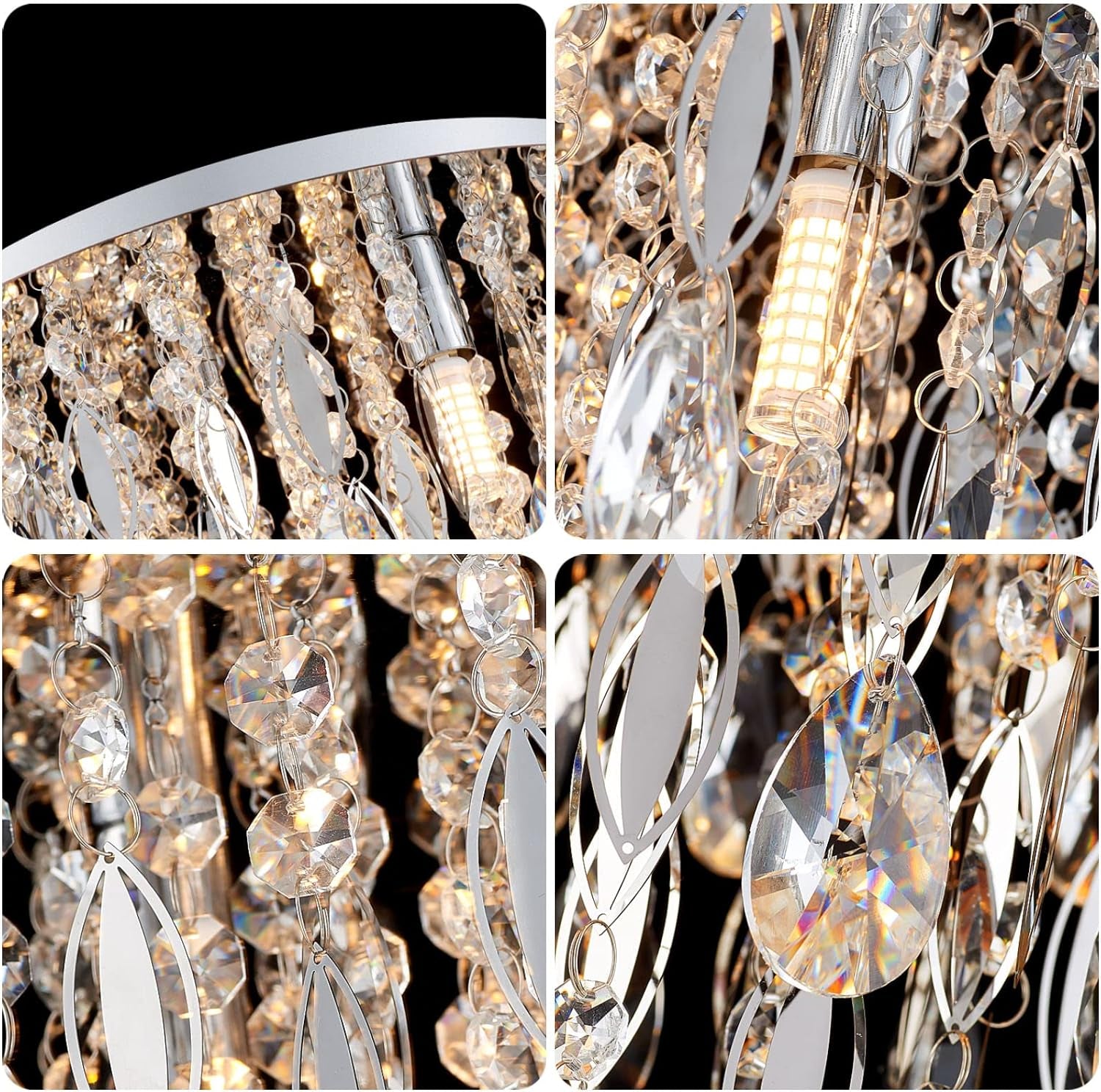 Luxury Modern Crystal Chandelier Ceiling Flush Mount Light Fixture for Bedroom Living Room Kitchen Corridor Stairwell Aisle Hallway, ￠35Cm X H38Cm, Chrome, 4-Lights, G9 Holder