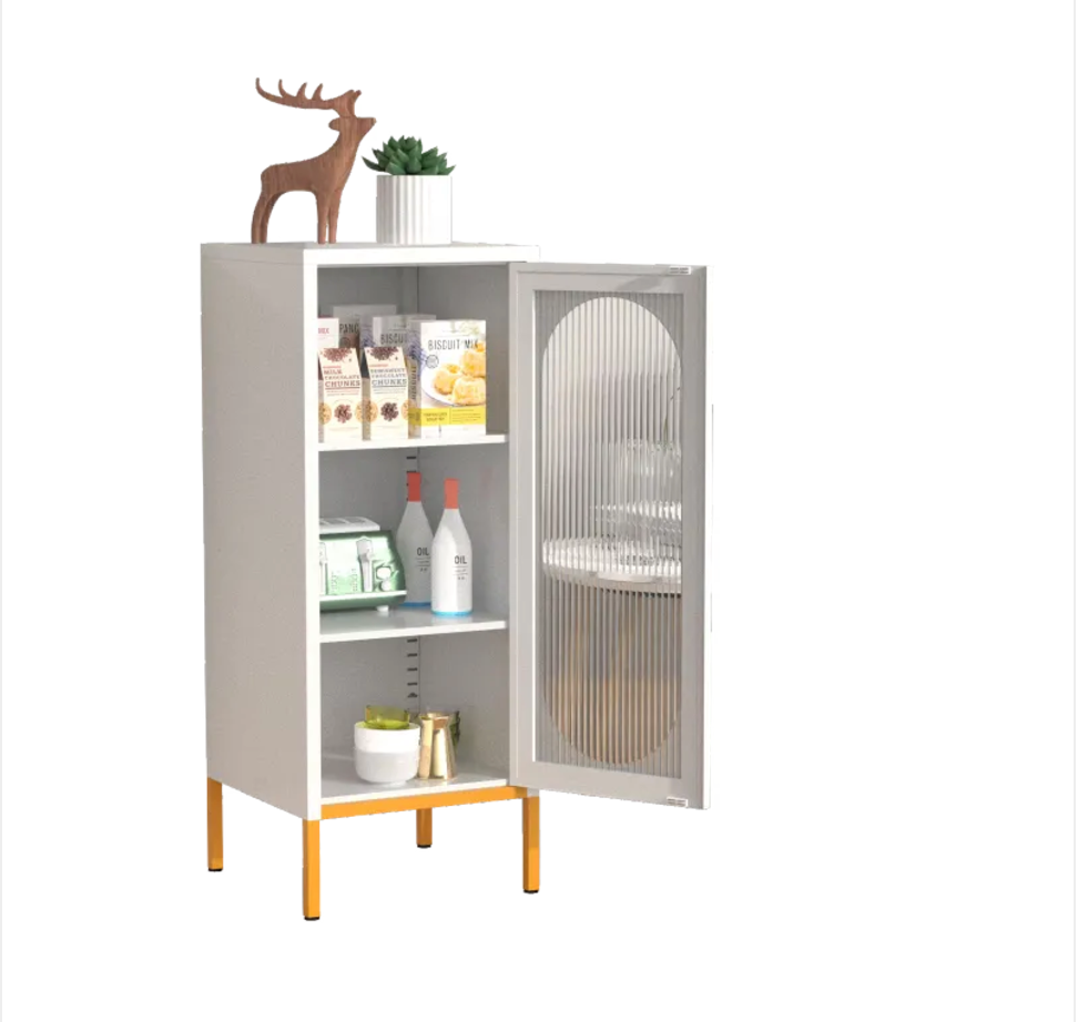 Fluted Glass Door Storage Cabinet - White Steel, 40 x 40 x 101 cm