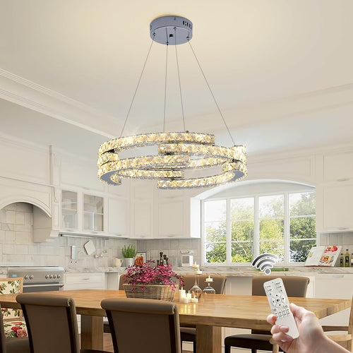 Modern Crystal Chandelier 3 Ring Dimmable LED Chandeliers Adjustable Semi Flush Mount Pendant Light Ceiling Lamp for Living Room Bedroom Kitchen Dining Room