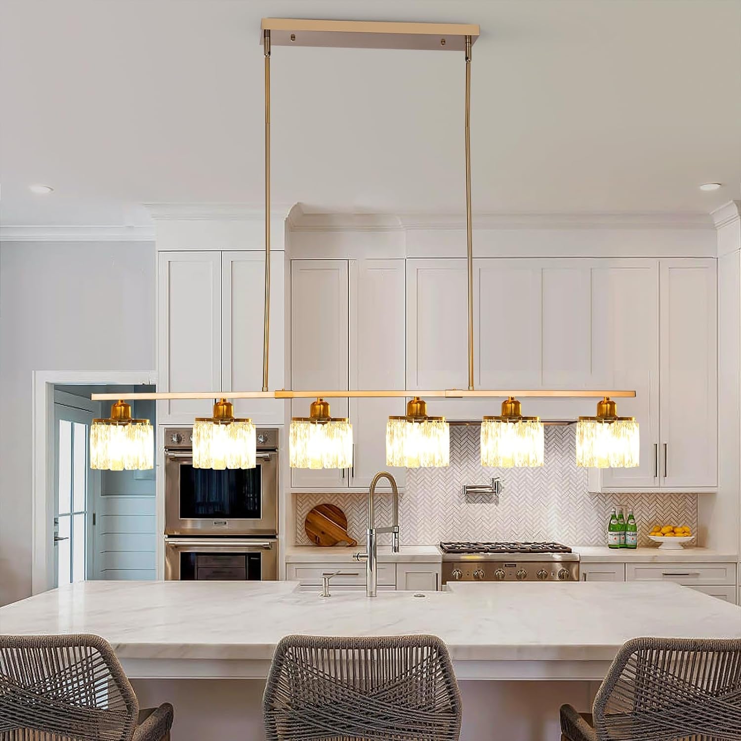 6 Lights Pendant Light 48" Crystal Chandeliers Brass Adjustable Modern Chandelier Linear Ceiling Pendant Lights for Kitchen Island Dining Room, E27 Bulb