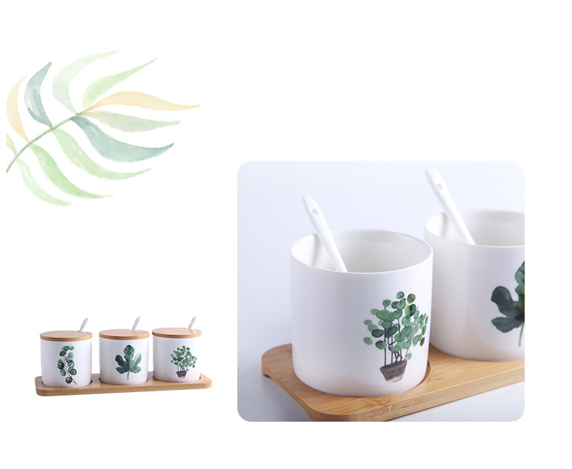 Ceramic Spice Jar Set with Green Plant Design (3 Pieces)