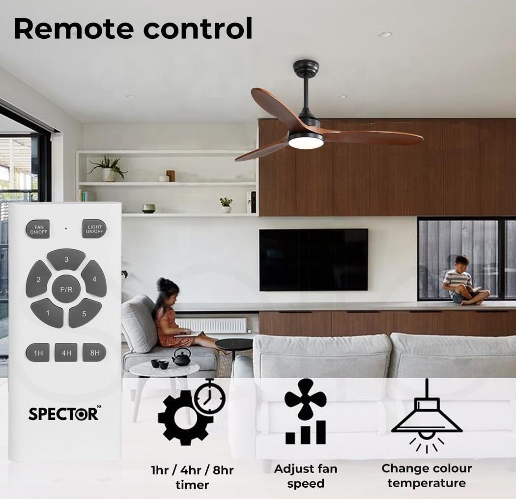 52'' Ceiling Fan DC Motor LED Light Remote Control 1300Mm 5 Speed Walnut Wood Blade Reversible Airflow for Summer Winter 3 Lighting Mode Brown