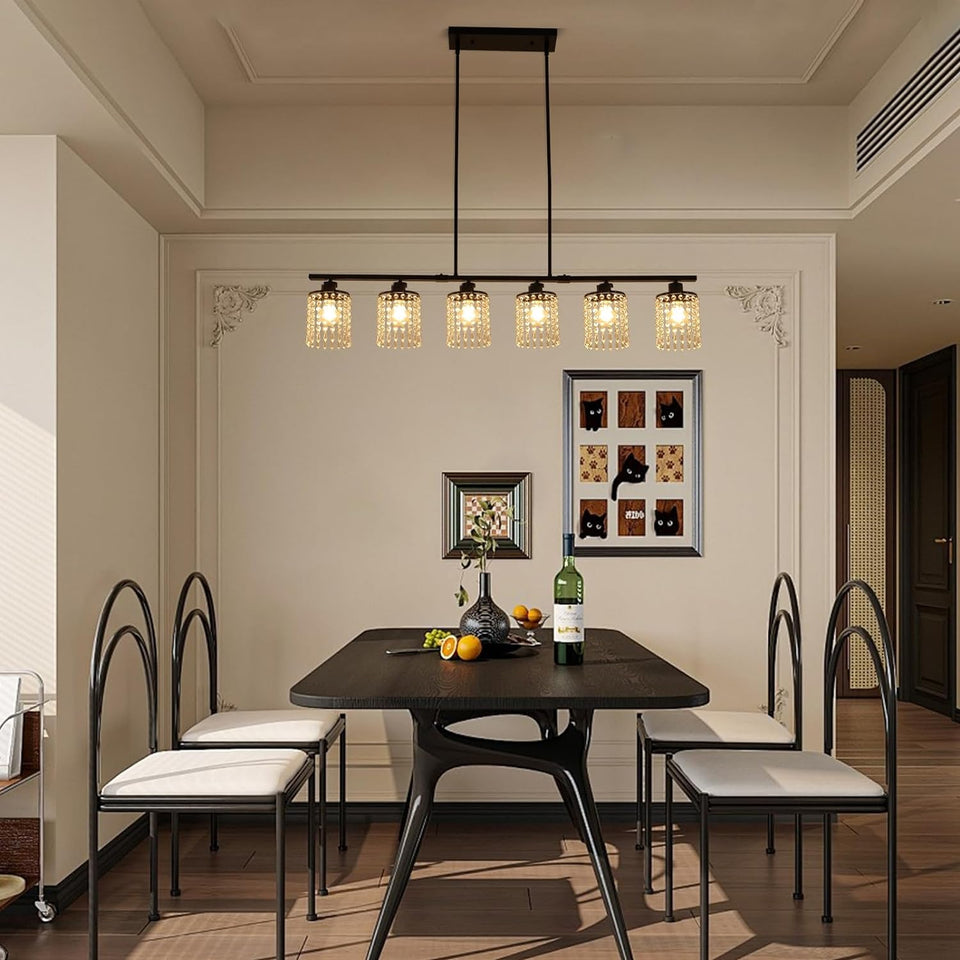 6-Light Farmhouse Kitchen Island Lighting, 48In Crystal Pendant Light Fixture, Vintage Black Linear Chandelier with Crystal Shade for Dining Room Living Room (E27 Bulbs, Not Included)