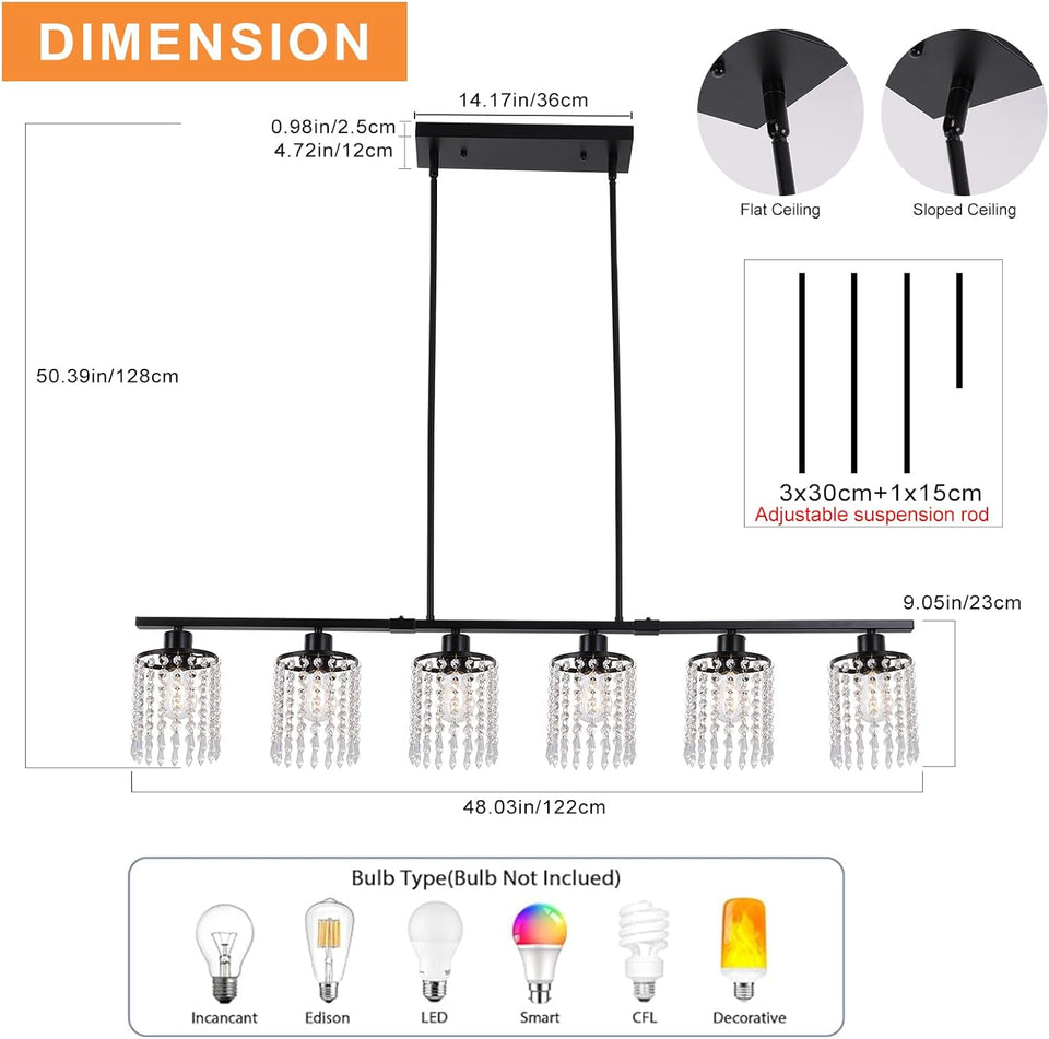 6-Light Farmhouse Kitchen Island Lighting, 48In Crystal Pendant Light Fixture, Vintage Black Linear Chandelier with Crystal Shade for Dining Room Living Room (E27 Bulbs, Not Included)