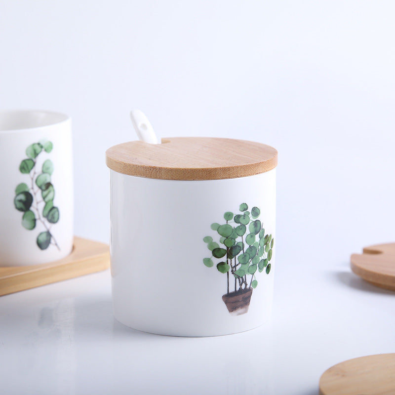 Ceramic Spice Jar Set with Green Plant Design (3 Pieces)