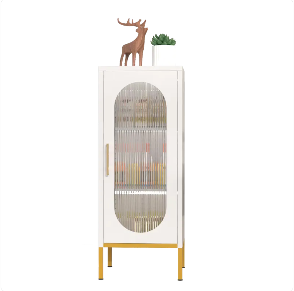 Fluted Glass Door Storage Cabinet - White Steel, 40 x 40 x 101 cm