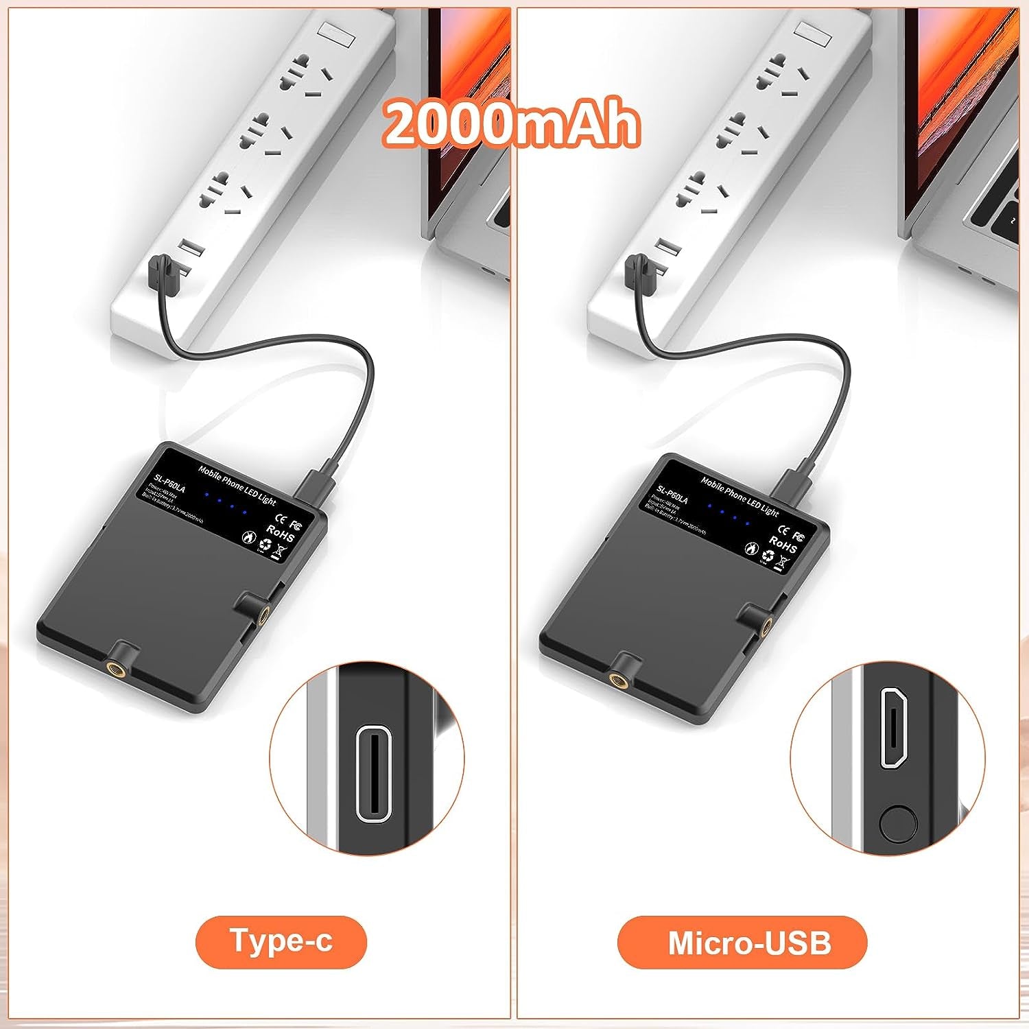 Portable Selfie Light,Rechargable 60 LED Phone Light with Clip & Double 1/4" Screw Hole,2500K-9000K Dimmable Light for Iphone,Android,Laptop,Tablet,Selfie/Video Conference (Black, 60 LED)