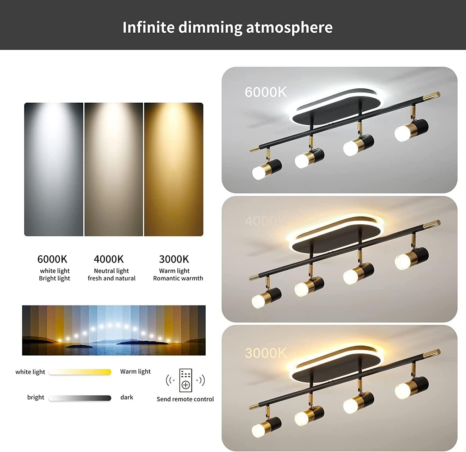 4-Light Track Lighting Ceiling Light with Rotatable Light Head, 41W Modern LED Chandelier Indoor Adjustable Spotlight Fixtures for Living Room Hallway Studio Kitchen Island (Black Gold)
